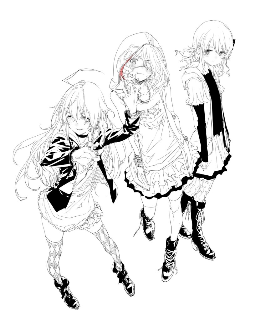 3girls ahoge blush boots claw_pose expressionless eyepatch goshiki_suzu hayasaka_mirei highres hood hoodie hoshi_syoko idolmaster idolmaster_cinderella_girls individuals_(idolmaster) jacket long_hair looking_at_viewer monochrome morikubo_nono multicolored_hair multiple_girls open_clothes open_jacket short_hair skirt smile spot_color streaked_hair thighhighs zettai_ryouiki