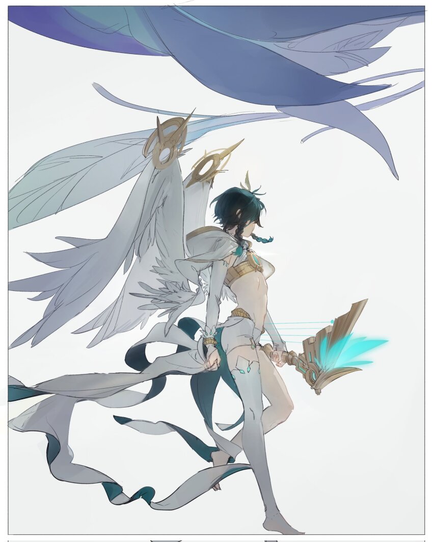 1boy aji_11300913 black_hair border bow_(weapon) braid cape commentary detached_sleeves dragon dvalin_(genshin_impact) english_commentary feathered_wings from_side full_body genshin_impact gradient_hair green_hair hashtag-only_commentary highres holding holding_bow_(weapon) holding_weapon male_focus medium_hair multicolored_hair shorts simple_background single_thighhigh skyward_harp_(genshin_impact) solo stomach thighhighs twin_braids two-tone_hair venti_(archon)_(genshin_impact) venti_(genshin_impact) weapon white_border white_cape white_shorts white_sleeves white_thighhighs white_wings wings