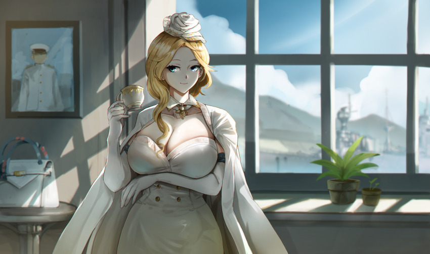 absurdres azur_lane bag blonde_hair blue_eyes breasts buttons cleavage commander_(azur_lane) cup detached_sleeves double-breasted handbag highres hood_(azur_lane) hood_(dawnlight&#039;s_dame)_(azur_lane) jacket military_vehicle mountainous_horizon plant potted_plant ship sirkku tagme teacup warship watercraft window