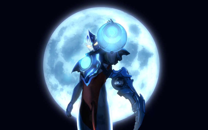 1boy absurdres alien arm_shield arm_up armor blue_armor blue_gemstone colored_skin commentary_request dark_background forehead_jewel fsm78 gem glowing glowing_armor glowing_eyes glowing_gem hand_up highres luna_armor male_focus moon multicolored_skin night no_pupils outdoors red_skin silver_skin solo standing tokusatsu ultra_series ultraman_arc ultraman_arc_(series) yellow_eyes