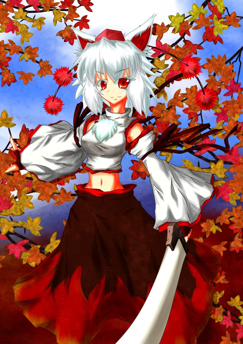 1girl animal_ears autumn_leaves bare_shoulders black_legwear blush breasts detached_sleeves fangs female_focus hat highres inubashiri_momiji leaf looking_at_viewer medium_breasts midriff navel pom_pom_(clothes) red_eyes shirt short_hair silver_hair skirt smile solo sword tokimasa tokin_hat touhou weapon wolf_ears