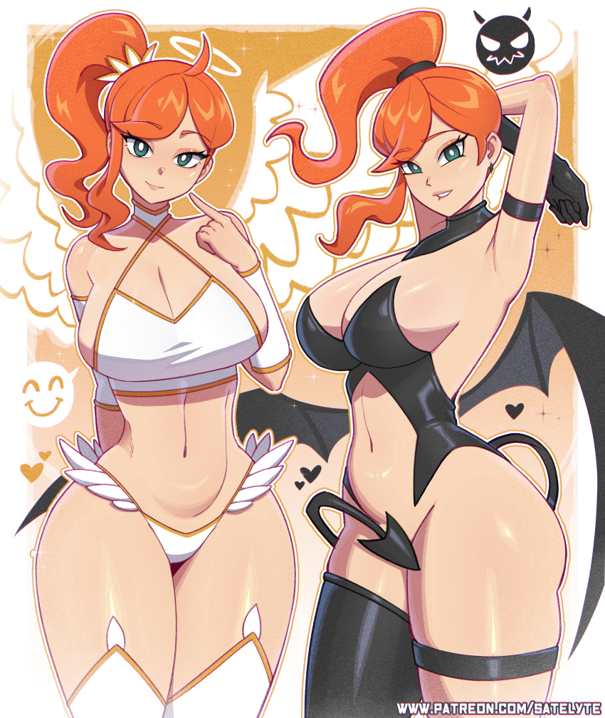 1girl absurdres ahoge angel angel_and_devil angel_wings armband arms_behind_head arms_up bikini biting_own_lip black_gloves black_leotard blush bottomless breasts cleavage convenient_censoring demon_girl demon_tail demon_wings detached_collar earrings finger_to_mouth gloves green_eyes grin halloween halloween_costume halo heart highres index_finger_raised jewelry large_breasts leotard long_hair looking_at_viewer multiple_views navel nintendo orange_hair pokemon pokemon_swsh ponytail satelyte side_ponytail single_glove smile smiley_face sonia_(pokemon) speech_bubble spoken_smile standing sweat swimsuit tail tail_censor teeth thick_thighs thighhighs thighs white_bikini white_thighhighs wide_hips wings wristband