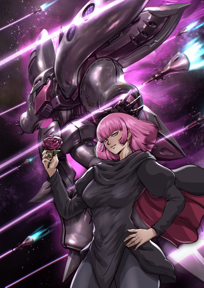 1girl blue_eyes breasts cape dress gundam gundam_zz haman_karn highres long_sleeves looking_at_viewer mecha medium_breasts mobile_suit pantyhose pink_hair porukima purple_eyes qubeley robot short_hair smile solo zeta_gundam