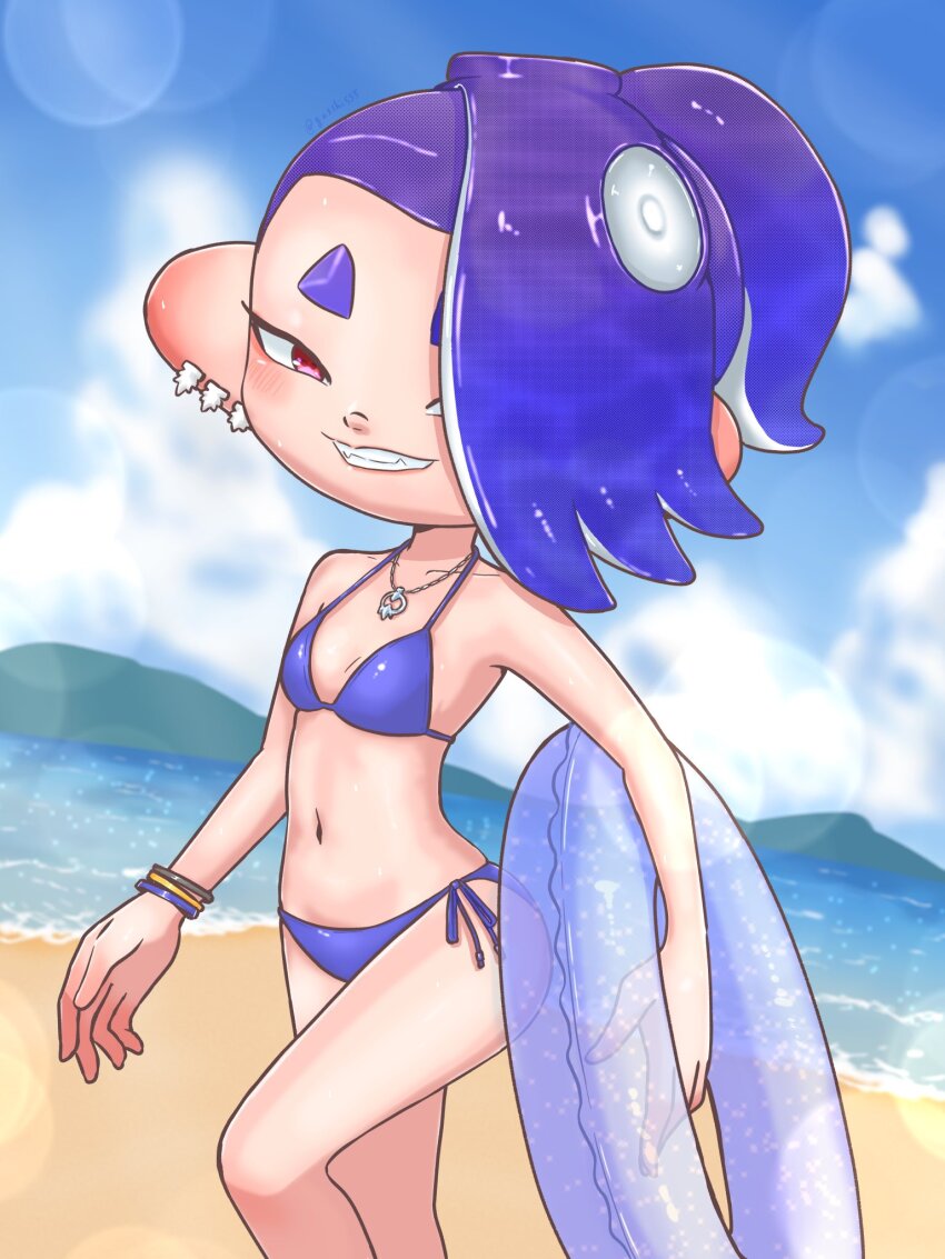 1girl alternate_costume alternate_hairstyle beach bikini blue_hair blush dutch_angle earrings fangs gasshi555 grin hair_over_one_eye innertube jewelry lens_flare heavy_lens_flare looking_at_viewer mountainous_horizon navel necklace nintendo ponytail red_lips sand shiver_(splatoon) side-tie_bikini_bottom smile solo splatoon_(series) splatoon_3 swim_ring swimsuit tentacle_hair wristband