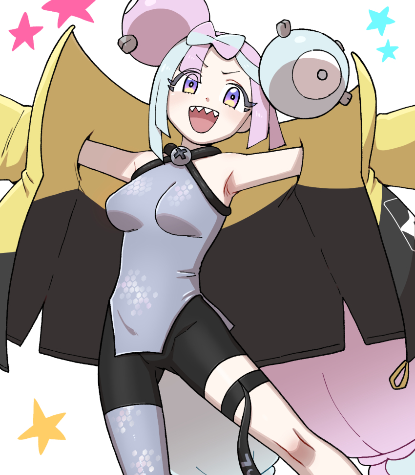 bow-shaped_hair character_hair_ornament fake_hair_bun grey_pantyhose hair_ornament hexagon_print highres iono_(pokemon) jacket multicolored_hair nintendo nutkingcall oversized_clothes pantyhose pokemon pokemon_sv sharp_teeth single_leg_pantyhose sleeves_past_fingers sleeves_past_wrists split-color_hair teeth two-tone_hair very_long_sleeves yellow_jacket