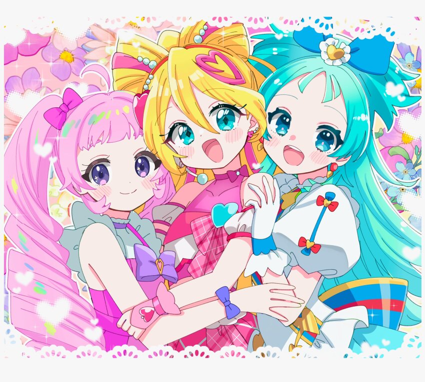 3girls absurdres aozora_himari bare_shoulders blonde_hair blue_eyes blunt_bangs blush bow bow-shaped_hair bracelet bridal_gauntlets cure_idol detached_sleeves dot_nose dress earrings floral_background frilled_sleeves frills gloves hair_between_eyes hair_bow hair_ornament heart heart_hair_ornament highres himitsu_no_aipri jewelry kimi_to_idol_precure leotard long_hair looking_at_viewer multiple_girls open_mouth pink_bow pink_dress pink_hair pink_skirt plaid_ribbon precure pretty_series princess_ripple princession_orchestra puffy_short_sleeves puffy_sleeves purple_bow purple_eyes red_ribbon ribbon sakura_uta_(precure) short_sleeves skirt sleeveless sukoyaka_(100hituzi) teeth upper_teeth_only white_gloves