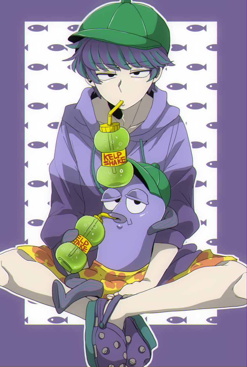 1boy absurdres adam&#039;s_apple baseball_cap black_eyes chromatic_aberration collarbone creature_and_personification crocs drawstring drinking drinking_straw drinking_straw_in_mouth dual_persona green_hat half-closed_eyes hat highres hood hood_down hoodie humanization incidental_37b looking_at_viewer male_focus male_swimwear personification purple_footwear purple_hair purple_hoodie segawasa short_hair sitting slushie spongebob_squarepants_(series) swim_trunks