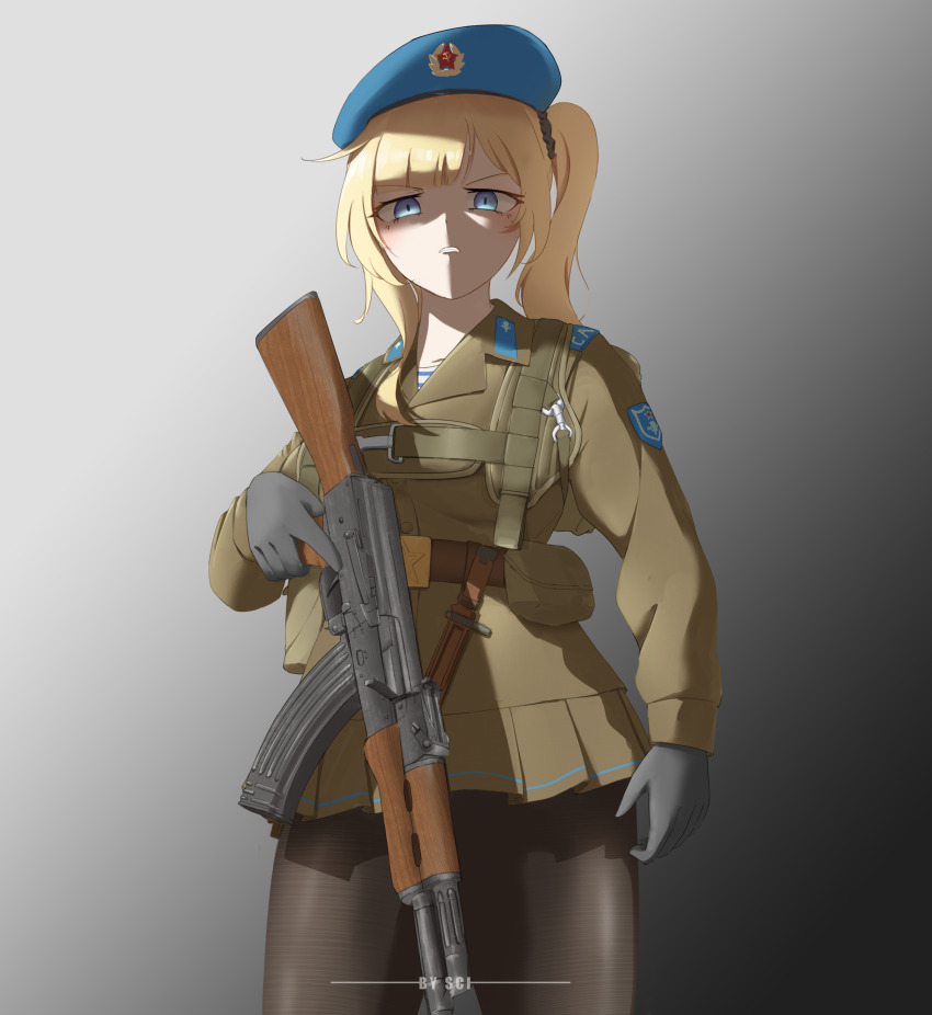 1girl absurdres beret black_gloves black_pantyhose blonde_hair blue_eyes blue_hat chest_rig disgust gloves gradien gun hammer_and_sickle hat highres kalashnikov_rifle military military_uniform original pantyhose red_star sci_(31134306) shaded_face shirt skirt solo soviet_army star_(symbol) striped_clothes striped_shirt telnyashka vdv watermark weapon