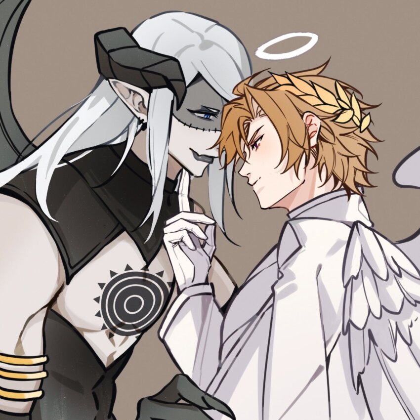 2boys angel_and_devil angel_wings bare_pectorals black_horns black_lips blue_eyes bracelet brown_background brown_hair closed_mouth clothing_cutout coat collared_coat curtained_hair daybit_sem_void demon_horns demon_wings earrings elbow_gloves eye_contact fate/grand_order fate_(series) feathered_wings fingernails gloves horns jewelry laurel_crown lipstick long_pointy_ears long_sleeves looking_at_another makeup male_focus multiple_boys multiple_earrings parted_bangs pectorals piercing pointy_ears profile road_darklight sharp_fingernails smile stitched_face stitches tezcatlipoca_(fate) upper_body white_coat white_gloves white_wings wings yaoi