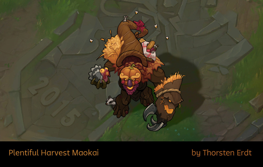 1boy 2015 alternate_costume animal artist_name basket beard bee bow bug character_name facial_hair food from_above hair_bow holding honey_badger insect league_of_legends maokai open_mouth outdoors red_bow thanksgiving thorsten_erdt tree tree_boy wheat