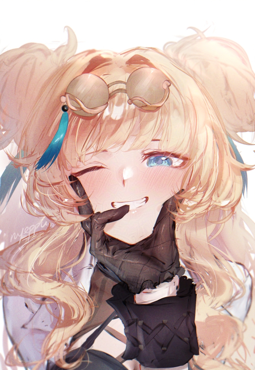 2girls black_gloves blonde_hair blue_eyes commentary english_commentary gloves grin highres honkai_(series) honkai_impact_3rd long_hair multiple_girls nyeppu one_eye_closed pov smile songque thelema_nutriscu two_side_up upper_body white_background yuri