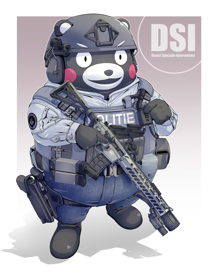 absurdres ammunition_pouch assault_rifle bear body_armor combat_helmet gloves gun handgun headset helmet highres holster holstered kumamon mao_(6r) mascot military_operator netherlands original pistol pouch rifle sig-mcx sig_mcx weapon