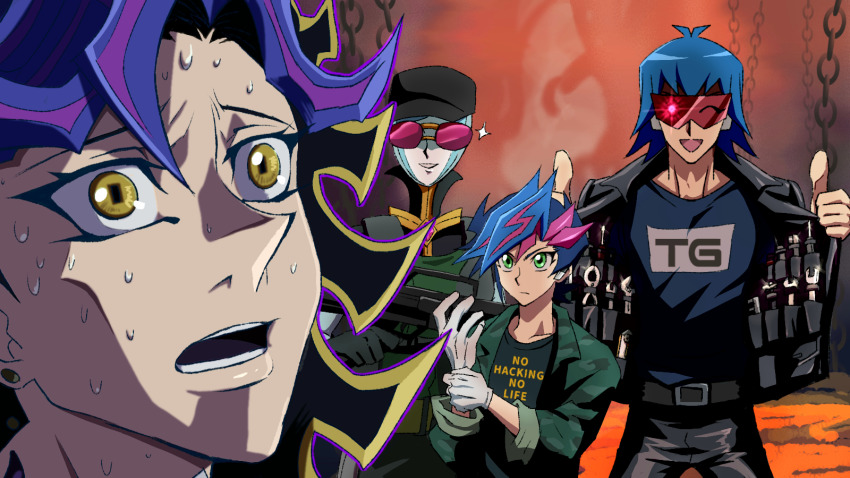 1other 3boys adjusting_clothes ai_(yu-gi-oh!) alternate_form android black_gloves black_hair black_hat black_jacket black_pants black_shirt blue_shirt bruno_(yu-gi-oh!) bulletproof_vest chain chaya_mago closed_eyes colored_bangs commentary earpiece english_text facing_to_the_side facing_viewer fujiki_yusaku gloves green_eyes green_jacket grin gun hand_on_own_arm hat highres holding holding_gun holding_own_arm holding_weapon humanoid_robot in-franchise_crossover jacket latex latex_gloves looking_at_viewer looking_to_the_side military_jacket multiple_boys object_in_pocket open_clothes open_hand open_jacket open_mouth outdoors pants parody pocket red-tinted_eyewear red_background red_eyes red_sky robot shirt side-by-side sky sleeves_rolled_up smile spiked_hair sunglasses sweat sweatdrop thumbs_up tinted_eyewear weapon white_gloves wide-eyed worried wrench yellow_eyes yu-gi-oh! yu-gi-oh!_5d&#039;s yu-gi-oh!_vrains