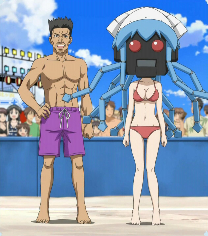 barefoot bikini black_hair father_and_daughter highres male_swimwear mask mask_on_head mr._tokita muscular purple_male_swimwear purple_swim_trunks screencap shinryaku!_ikamusume swim_trunks swimsuit tokita_ayumi