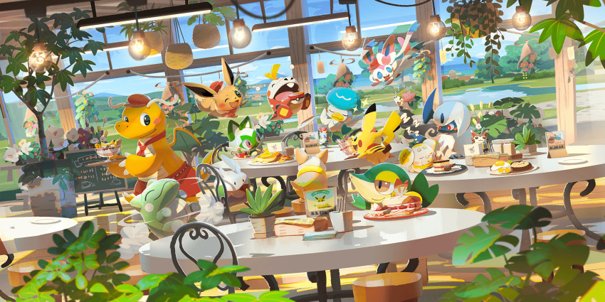 :3 :d :o absol apron artist_request ascot blush blush_stickers ceiling_light chair chalkboard character-themed_food closed_eyes closed_mouth clothed_pokemon commentary dragonite eevee english_commentary fidough food fuecoco furret gen_1_pokemon gen_2_pokemon gen_3_pokemon gen_5_pokemon gen_6_pokemon gen_8_pokemon goomy half-closed_eyes hanging_plant hat highres indoors nintendo no_humans official_art on_stool one_eye_closed open_mouth pink_eyes plant pokemon pokemon_(creature) pokemon_cafe_remix pokemon_focus potted_plant quaxly red_apron red_ascot red_eyes red_hat sleeping smile snivy sparkle sprigatito starter_pokemon_trio stool stuffed_toy substitute_(pokemon) sylveon table third-party_source tooth yamper zzz