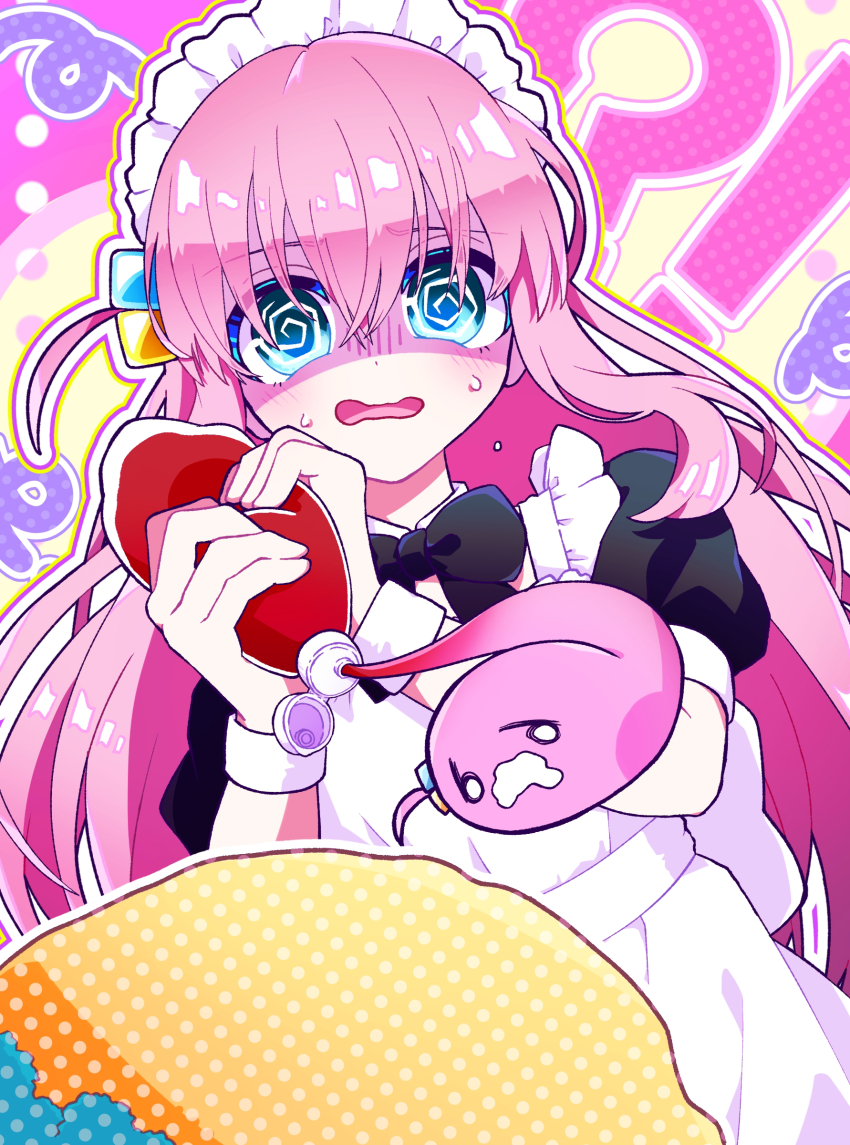 1girl @_@ absurdres alternate_costume apron black_bow blue_eyes bocchi_the_rock! bow english_text enmaided food gotoh_hitori gotoh_hitori_(tsuchinoko) hair_between_eyes highres ketchup_bottle long_hair looking_at_viewer maid maid_apron maid_headdress mixed-language_text omelet omurice pink_background pink_hair shinkyo_enishi solo watermark