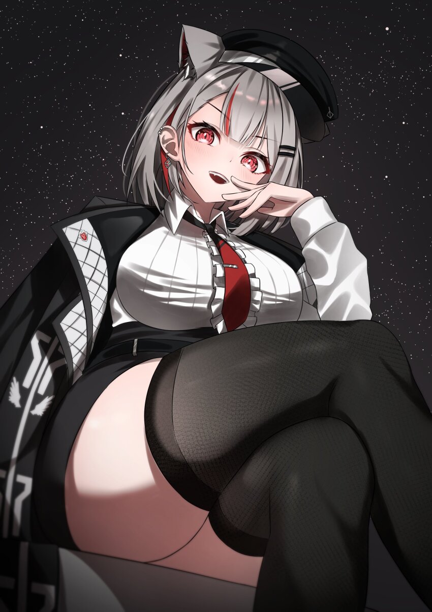 1girl absurdres animal_ear_fluff animal_ears belt black_belt black_hat black_jacket black_skirt black_thighhighs blush breasts cat_ears cat_girl center_frills collared_shirt crossed_legs dutch_angle earrings eles01 fang frills from_below grey_hair hair_ornament hairclip hand_on_own_cheek hand_on_own_face hand_up hashtag-only_commentary hat high-waist_skirt highres jacket jewelry large_breasts long_sleeves looking_at_viewer multicolored_hair necktie neneko_mashiro night night_sky open_mouth parallel_hairclips red_eyes red_necktie red_streaks shirt shirt_tucked_in short_hair sitting skirt sky solo star_(sky) starry_sky stellive streaked_hair thighhighs thighs virtual_youtuber wariza white_shirt wing_collar