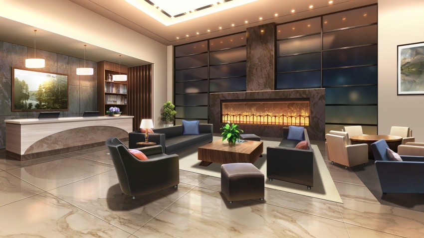 bookshelf ceiling_light couch desk_lamp fire fireplace footrest highres indoors lamp lobby night no_humans non-web_source official_art our_life our_life:_beginnings_and_always photo_(object) pillow plant potted_plant railing scenery table tile_floor tiles window wooden_table
