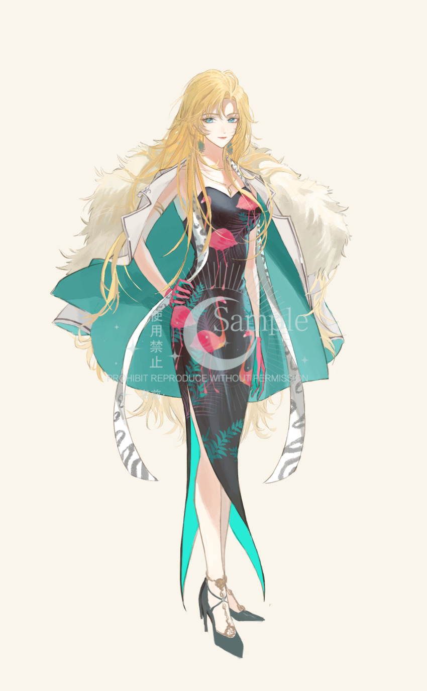 1girl animal_print anklet aqua_dress aqua_eyes aqua_gloves aqua_jacket arm_at_side armlet black_dress black_shoes blonde_hair breasts chinese_commentary closed_mouth curtained_hair dress earrings flamingo_print full_body fur-trimmed_jacket fur_trim genderswap genderswap_(mtf) gloves hand_on_own_hip high_heels highres jacket jacket_on_shoulders jewelry large_breasts lars_rorschach leaf_print long_dress long_hair looking_at_viewer lovebrush_chronicles necklace parted_bangs pink_gloves print_dress red_lips sample_watermark scarf shell shell_earrings shoes side_slit sideways_glance simple_background smile solo standing stiletto_heels stole strapless strapless_dress tiger_print two-sided_dress two-sided_fabric two-sided_jacket two-tone_gloves very_long_hair watermark white_background white_jacket white_scarf zongsi600