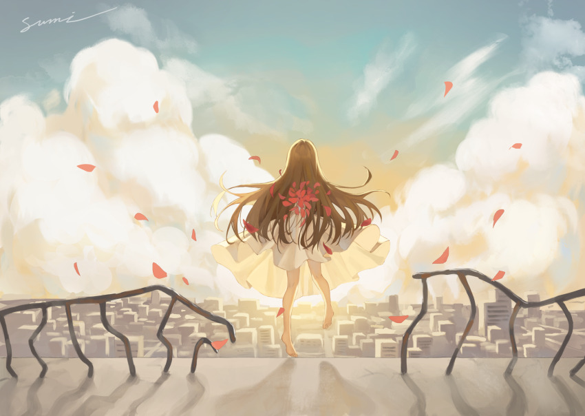 1girl barefoot brown_hair city cloud cloudy_sky commentary_request dress falling_petals from_behind highres imminent_suicide jumping long_hair on_roof original outdoors petals railing rooftop shadow signature sky solo sumi_0525 sunset white_dress wide_shot
