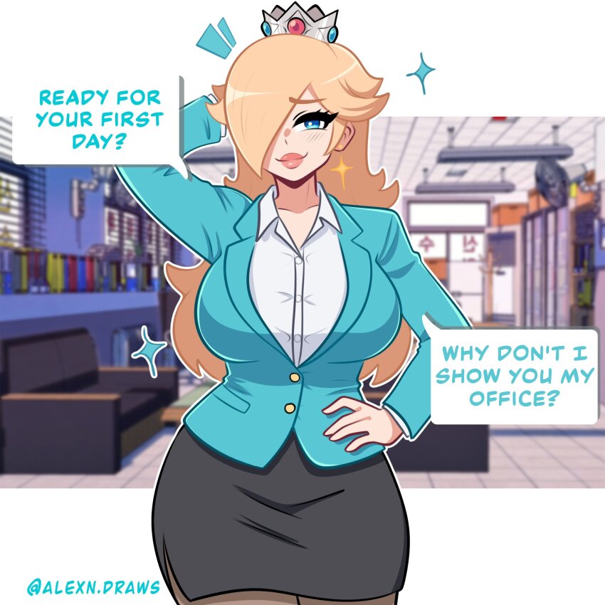 alexndraws black_skirt blonde_hair blue_jacket breasts commentary crown earrings english_commentary english_text hand_on_own_hip highres jacket jewelry large_breasts lipstick long_hair makeup mario_(series) mini_crown nintendo office office_lady pantyhose pink_lips rosalina shirt skirt sparkle star_(symbol) star_earrings white_shirt