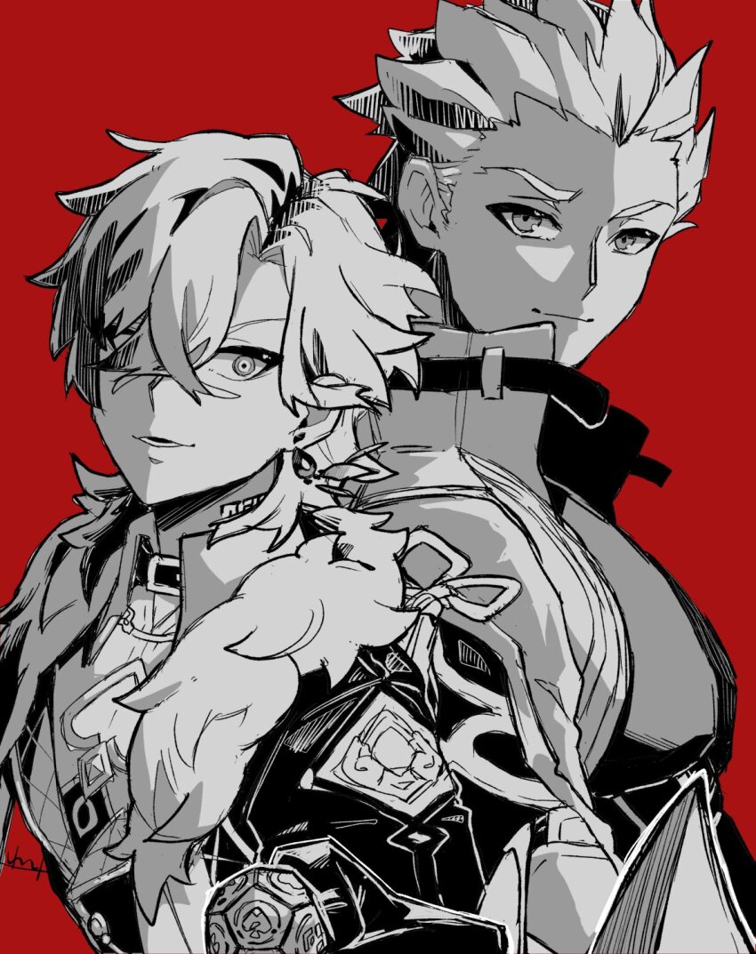 2boys archer_(fate) archer_(honkai:_star_rail)_(fate) aventurine_(honkai:_star_rail) bodysuit buttons closed_mouth clothing_cutout coat collar collared_shirt commentary_request crossed_bangs dark-skinned_male dark_skin earrings fate/stay_night fate/unlimited_blade_works fate_(series) from_side fur-trimmed_jacket fur_trim gloves greyscale_with_colored_background hair_between_eyes heart_cutout highres holding honkai:_star_rail honkai_(series) jacket jewelry lapels long_sleeves male_focus multiple_boys neck_tattoo open_clothes open_coat open_jacket open_mouth red_background shirt short_hair signature simple_background single_earring smile tattoo teeth upper_body vest wanco_28game