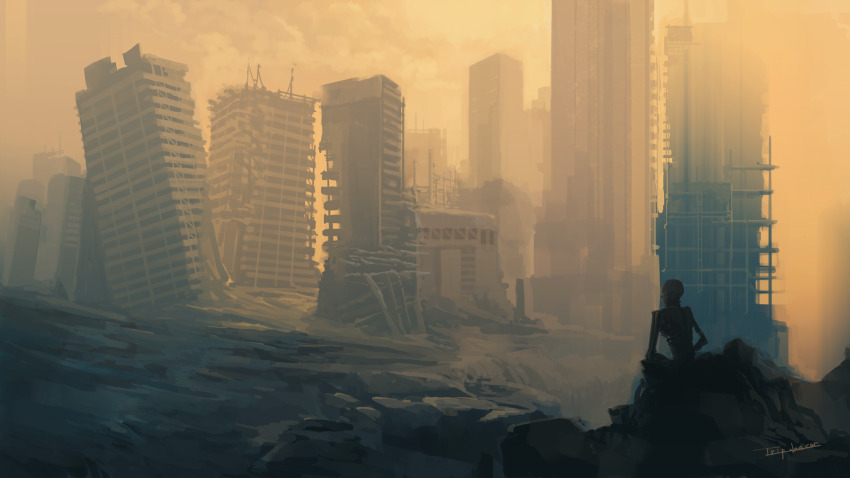1other artist_name building city cityscape collapsed commentary english_commentary highres on_rock orange_sky original post-apocalypse rock rubble ruins scenery sitting sky tripdancer