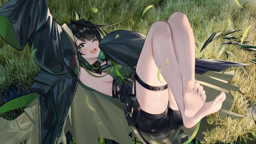 1girl ;d absurdres arknights armpits bare_legs barefoot black_hair black_shorts breasts feet grass green_eyes green_shirt highres jacket lying medium_breasts mon3tr_(arknights) on_back one_eye_closed open_clothes open_jacket open_mouth outdoors shirt shorts sideboob sleeveless sleeveless_shirt sleeves_past_fingers sleeves_past_wrists smile soles solo thigh_strap zayur