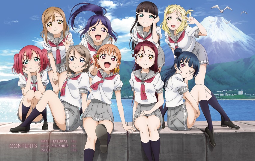 6+girls ahoge aqua_eyes arm_support artbook bird black_hair black_socks blonde_hair blue_eyes blue_hair blue_sky blunt_bangs blush bow braid brown_hair closed_mouth cloud clover_hair_ornament copyright_name crown_braid day floating_hair grey_hair grey_skirt hair_between_eyes hair_bow hair_bun hair_ornament hairclip hand_in_own_hair hand_on_lap hand_on_own_cheek hand_on_own_face hand_on_own_knee head_rest high_ponytail highres kneehighs kunikida_hanamaru kurosawa_dia kurosawa_ruby leaning_forward loafers long_hair looking_at_viewer love_live! love_live!_sunshine!! matsuura_kanan miniskirt mole mole_under_mouth mount_fuji mountain multiple_girls neckerchief non-web_source ocean official_art ohara_mari one_eye_closed open_mouth orange_hair outdoors pleated_skirt ponytail purple_eyes purple_hair red_eyes red_hair red_neckerchief sakurauchi_riko school_uniform serafuku shirt shoes short_hair short_sleeves single_hair_bun sitting skirt sky smile socks summer_uniform takami_chika tsushima_yoshiko twintails two_side_up uranohoshi_school_uniform watanabe_you white_shirt yellow_bow yellow_eyes