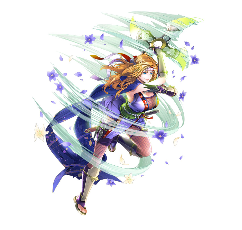 1girl blonde_hair blue_eyes breasts cleavage fire_emblem fire_emblem:_radiant_dawn fire_emblem_heroes full_body headband heather_(fire_emblem) heather_(ninja)_(fire_emblem) holding holding_shuriken holding_weapon large_breasts ninja nintendo official_art red_headband sandals shuriken smile toyota_saori weapon zouri