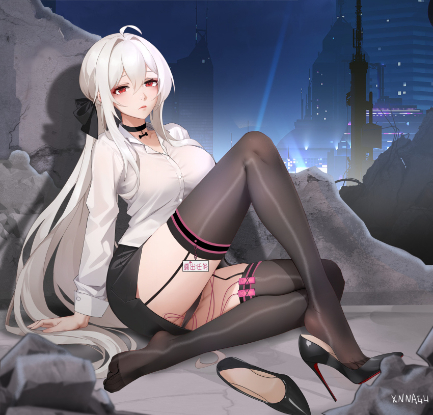 1girl artist_name black_choker black_panties black_shoes black_skirt black_thighhighs bone_necklace breasts chinese_commentary choker christian_louboutin_(brand) closed_mouth collared_shirt commentary_request garter_straps high_heels highres large_breasts long_hair long_sleeves looking_at_viewer louboutins night night_sky office_lady original outdoors panties patent_heels ponytail pumps red_eyes red_soles sex_toy shirt shoes sitting skirt sky solo stiletto_heels thighhighs underwear variant_set vibrator vibrator_cord vibrator_in_thighhighs vibrator_under_clothes vibrator_under_panties white_hair white_shirt xnnagu