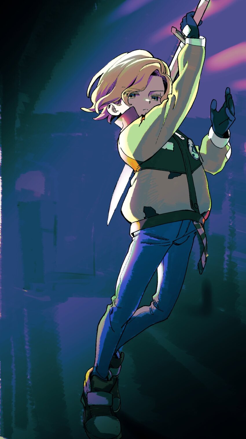 1girl asymmetrical_hair black_gloves blonde_hair blue_pants character_request closed_mouth coat commentary_request copyright_request denim determined door frown full_body furrowed_brow gloves green_coat grey_eyes highres holding holding_sword holding_weapon imminent_attack indoors jeans light_rays long_sleeves looking_ahead multicolored_coat no+bi= over_shoulder pants shoes short_hair sneakers solo standing sword two-tone_coat weapon weapon_over_shoulder white_coat white_shoes