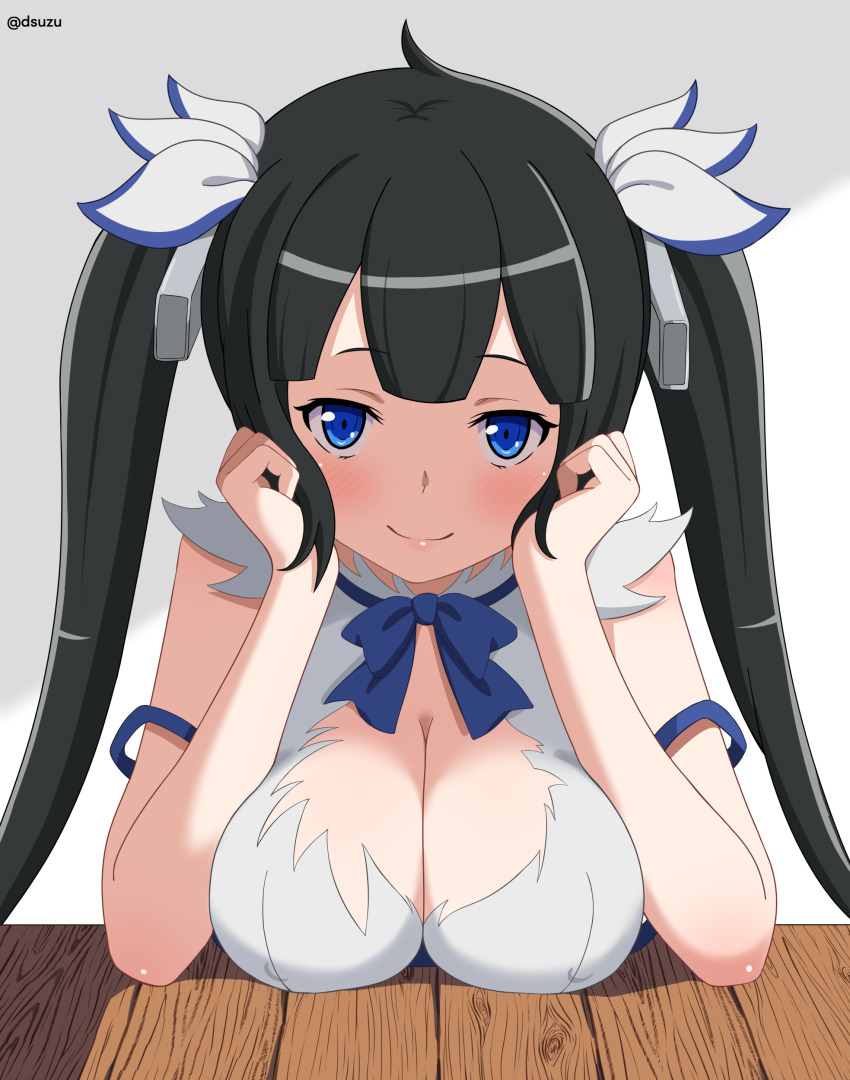 1girl absurdres black_hair blue_bow blue_eyes blue_ribbon blunt_bangs blush bow breast_rest breasts breasts_on_table cleavage covered_erect_nipples dress dsuzu dungeon_ni_deai_wo_motomeru_no_wa_machigatteiru_darou_ka hair_ornament hands_on_own_cheeks hands_on_own_face hestia_(danmachi) highres large_breasts long_hair looking_at_viewer rei_no_himo ribbon smile solo table twintails twitter_username very_long_hair white_background white_dress wooden_table