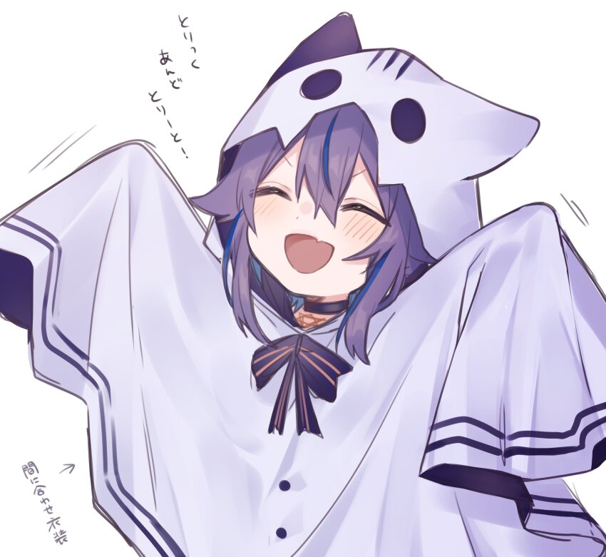 1girl ^_^ animal_ear_hood asano_yoru asano_yoru_(artist) black_choker blue_hair choker closed_eyes fake_animal_ears ghost_costume hexagram highres hood hood_up indie_virtual_youtuber multicolored_hair purple_hair streaked_hair two-tone_hair virtual_youtuber