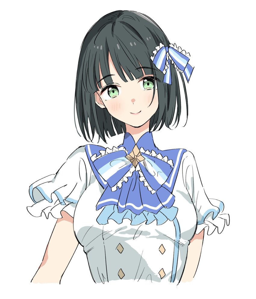 1girl 365_days_(love_live!) ascot bien_(djpwjd1) black_hair blue_ascot blue_bow blue_bowtie blunt_bangs blunt_ends bob_cut bow bowtie breasts commentary cropped_torso english_commentary frilled_bowtie frilled_sleeves frills green_eyes hair_bow highres link!_like!_love_live! love_live! medium_breasts momose_ginko official_alternate_costume shirt short_hair short_sleeves simple_background solo striped_bow striped_bowtie striped_clothes virtual_youtuber white_background white_shirt