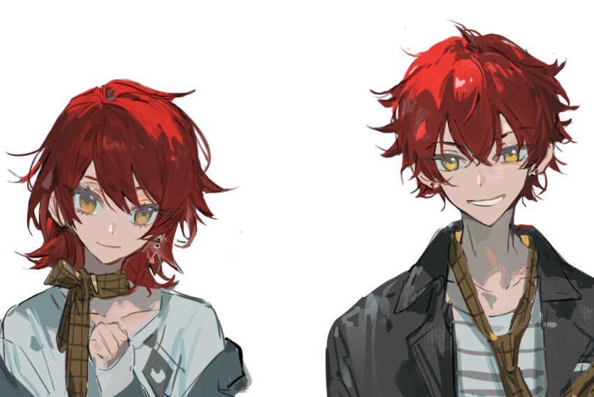 1boy 1girl black_jacket collarbone earrings grin hair_between_eyes jacket jewelry long_sleeves looking_at_viewer male_focus necktie open_clothes open_jacket original plaid_clothes qyzhiaiyisheng red_eyes shirt short_hair simple_background smile striped_clothes striped_shirt upper_body yellow_eyes yellow_necktie