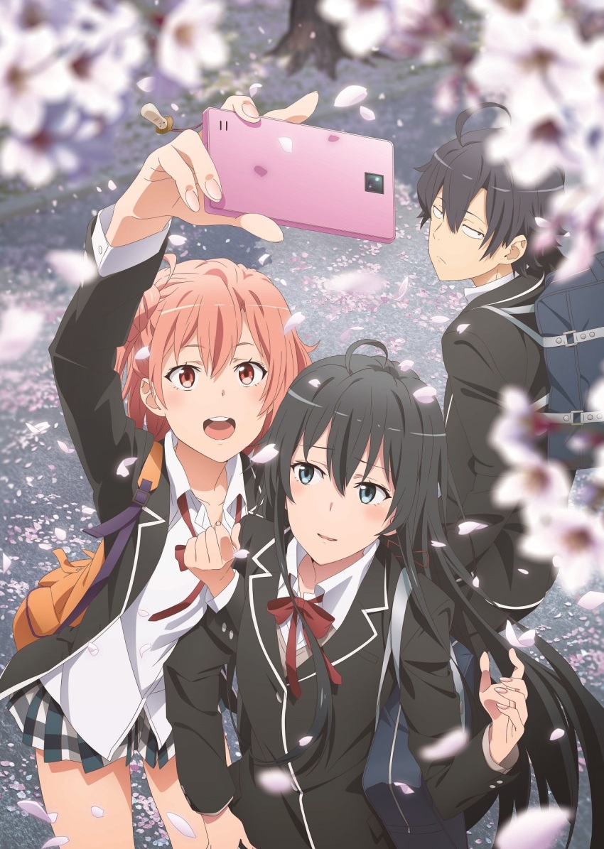 1boy 2girls ahoge backpack bag black_hair blue_eyes bow bowtie cellphone charm_(object) cherry_blossoms closed_mouth expressionless fingernails from_above hair_bun highres hikigaya_hachiman key_visual long_hair looking_at_viewer medium_hair miniskirt multiple_girls official_art open_mouth outdoors parted_lips phone pink_hair plaid_clothes plaid_skirt pleated_skirt promotional_art red_bow red_bowtie red_eyes school_bag school_uniform selfie shirt skirt smartphone smile sobu_high_school_uniform teeth tree upper_teeth_only very_long_hair white_shirt yahari_ore_no_seishun_lovecome_wa_machigatteiru. yuigahama_yui yukinoshita_yukino