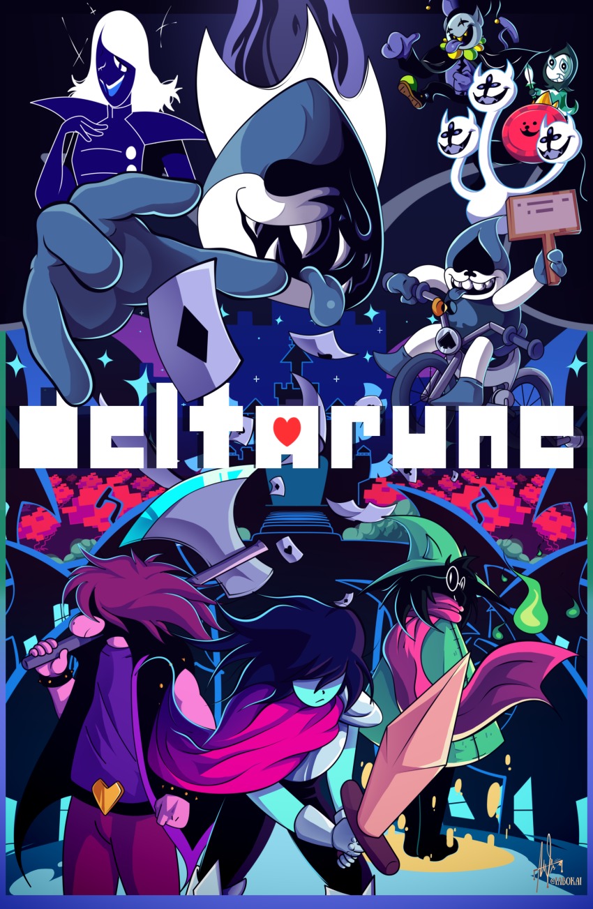 absurdres axe bicycle blue_skin c._round card clover_(deltarune) colored_skin deltarune gem_(symbol) hand_on_own_chest heart highres holding holding_axe holding_sign holding_sword holding_weapon iabokai jevil king_(deltarune) kris_(dark_world)_(deltarune) kris_(deltarune) lancer_(deltarune) logo magic pink_scarf pink_skin purple_hair ralsei reaching reaching_towards_viewer rouxls_kaard rudinn scarf sign star_(sky) susie_(dark_world)_(deltarune) susie_(deltarune) sword tongue tongue_out weapon white_hair