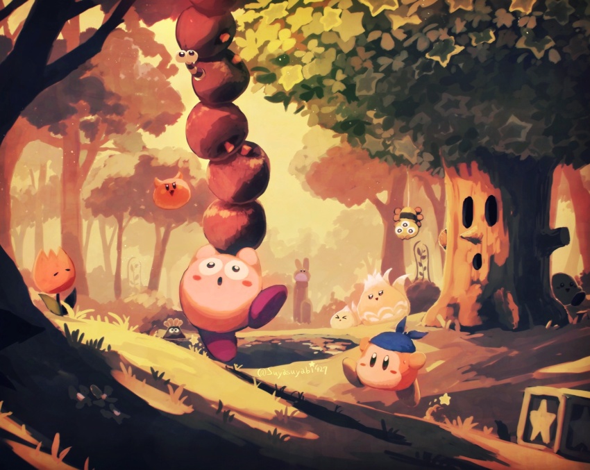 :o arms_up artist_name balancing bandana bandana_waddle_dee batamon big_chip_(kirby) blue_bandana blush blush_stickers box bug capiller_(kirby) chip_(kirby) como_(kirby) day flower food forest fox fruit glunk_(kirby) grass highres kirby kirby&#039;s_dream_land_3 kirby_(series) nature nintendo no_humans open_mouth outdoors polof rabbit red_footwear running scarfy shadow spider star_(symbol) suyasuyabi tree twitter_username v-shaped_eyes whispy_woods wide-eyed