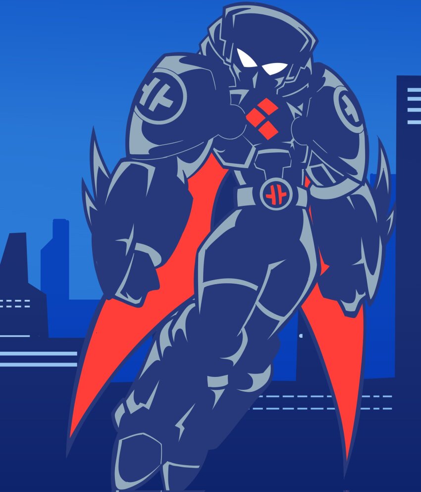 1boy armor batman_(series) batman_beyond belt blue_background blue_theme cowboy_western dc_comics dust_man flying highres looking_at_viewer mega_man_(classic) mega_man_(series) parody shoulder_armor sky solo spikes style_parody