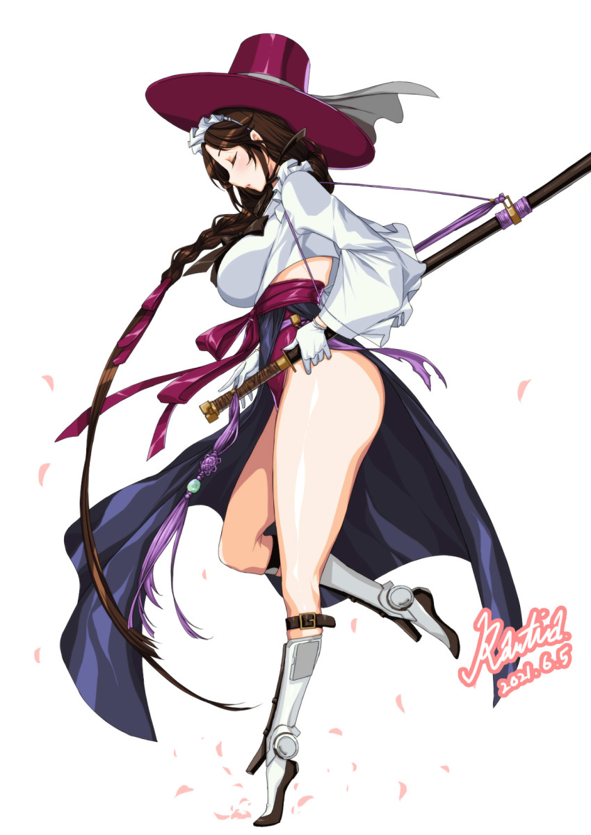 1girl ass braid breasts brown_hair cherry_blossoms closed_eyes commission dated full_body gat_(hat) gloves hanbok hat highres keumran_(last_origin) korean_clothes large_breasts last_origin legs long_hair maid maid_headdress rantia signature simple_background single_braid sword thick_thighs thighs very_long_hair weapon white_background white_gloves
