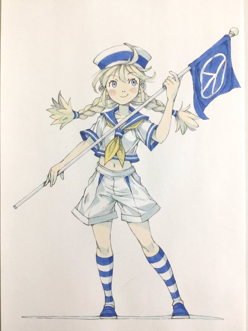 1girl ahoge blonde_hair blue_eyes blue_sailor_collar blue_shoes blue_socks blue_trim braid closed_mouth commentary dixie_cup_hat flag full_body hand_up hat highres holding holding_flag kneehighs midriff military_hat navel neckerchief original peace_symbol peter_salt sailor sailor_collar sailor_hat shirt shoes shorts smile socks solo standing striped_clothes striped_socks traditional_media twin_braids white_background white_hat white_shirt white_shorts yellow_neckerchief