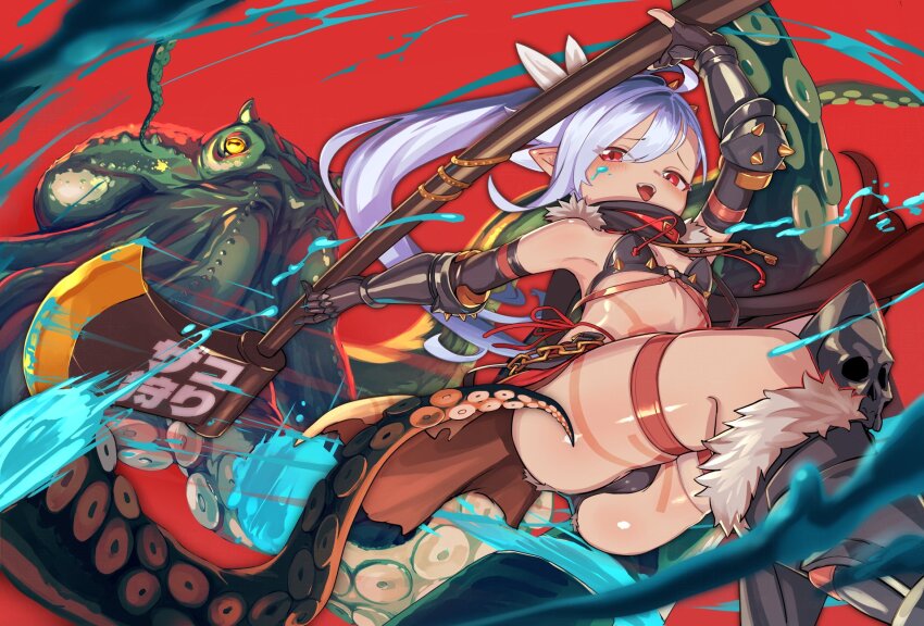1girl ahoge animal arm_up armor armored_boots armpits ass axe bare_shoulders battle_axe bikini bikini_armor black_bikini black_gloves black_panties bodypaint boots breasts cape dark-skinned_female dark_skin elbow_gloves facepaint facial_mark fang fangs fantasy fingerless_gloves frog fur-trimmed_boots fur-trimmed_gloves fur-trimmed_legwear fur_collar fur_trim gauntlets gloves greaves hair_between_eyes highres holding holding_axe holding_weapon horizontal_pupils huge_weapon knee_boots knee_pads long_hair looking_at_viewer monster navel octopus open_mouth original oversized_animal panties pointy_ears ponytail red_background red_eyes revealing_clothes ribbon seigetsu_kotaku simple_background small_breasts smile snake solo suction_cups swimsuit tattoo teeth tentacles thigh_strap tongue underwear vambraces weapon