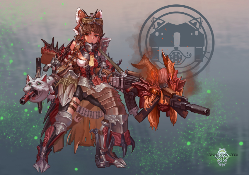 1girl absurdres ammunition_belt armor armored_boots backlighting bare_shoulders benikurage_(cookie) boots bow breasts brown_cape brown_hair cameltoe cape cat closed_mouth commentary cookie_(touhou) copyright_name d_tomoki dual_wielding full_body gauntlets goggles goggles_on_head gun hair_bow hair_tubes hakurei_reimu highres holding holding_gun holding_weapon leg_armor medium_breasts medium_hair miura_cat monster_hunter:_world monster_hunter_(series) oversized_object rathalos_(armor) red_armor red_bow red_eyes smoking solo standing thigh_strap torn_cape torn_clothes touhou weapon