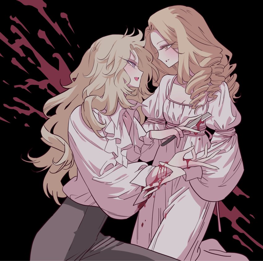 2girls asaka_rei black_background black_pants bleeding blonde_hair blood blood_on_clothes blood_on_hands blood_splatter breasts cleavage collared_shirt commentary_request cowboy_shot cuts dress drill_hair highres holding holding_razor ichinomiya_fukiko injury long_hair long_sleeves looking_at_another meremero multiple_girls oniisama_e... open_mouth pants profile puffy_short_sleeves puffy_sleeves razor shirt short_sleeves smile standing white_dress white_shirt