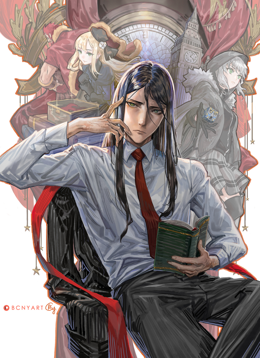 2girls b.c.n.y. book character_request collared_shirt elizabeth_tower fate_(series) highres holding holding_book long_hair lord_el-melloi_ii lord_el-melloi_ii_case_files multiple_girls necktie open_book pants red_necktie shirt sitting solo waver_velvet white_shirt