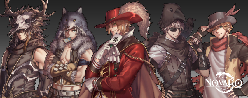 5boys absurdres ace_(playing_card) ace_of_spades animal_skull black_gloves black_scarf black_shirt black_vest blonde_hair blue_eyes brown_cape brown_hair brown_shirt cape card closed_mouth coat commentary commission cowboy_hat crop_top crossed_arms crow_mask english_commentary fingerless_gloves fur-trimmed_shirt fur_trim gloves grey_background guillotine_cross_(ragnarok_online) hat highres holding holding_card long_hair looking_at_viewer manjyufroth minstrel_(ragnarok_online) multiple_boys official_alternate_costume playing_card plume ragnarok_online ranger_(ragnarok_online) red_coat red_hat red_scarf scarf shirt short_hair skull_on_head sleeveless sleeveless_shirt smile sniper_(ragnarok_online) spade_(shape) sunglasses upper_body vest white_shirt wolf_hat