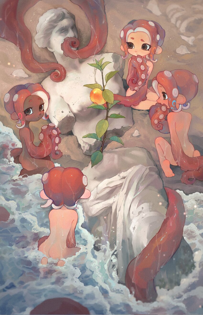 4girls apple ass back beach broken_statue completely_nude dark-skinned_female dark_skin food fruit golden_apple highres liang_cun_rakuna median_furrow multiple_girls nintendo nude octoling octoling_girl octoling_player_character pink_hair plant sculpture sitting splatoon_(series) statue suction_cups tentacle_arm tentacle_hair tentacles venus_de_milo water wet