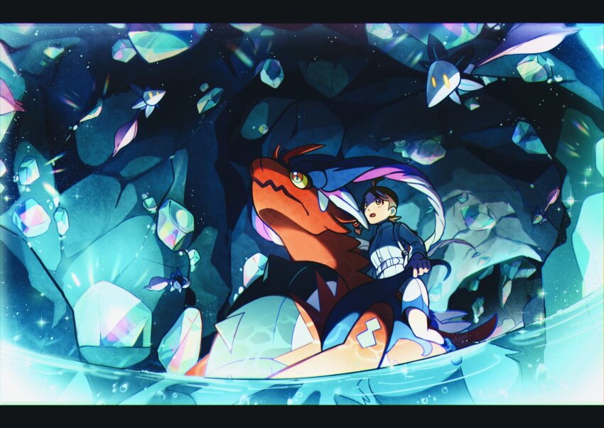 1girl afloat blue_hair blueberry_academy_school_uniform brown_eyes brown_hair cave_interior colored_sclera commentary_request crystal fangs game_freak glimmet highres juliana_(pokemon) koraidon korean_commentary medium_hair multicolored_hair nintendo open_mouth orange_eyes pink_hair pokemon pokemon_(creature) pokemon_sv riding riding_pokemon school_uniform selyg15 skin_fangs water white_hair yellow_eyes yellow_sclera
