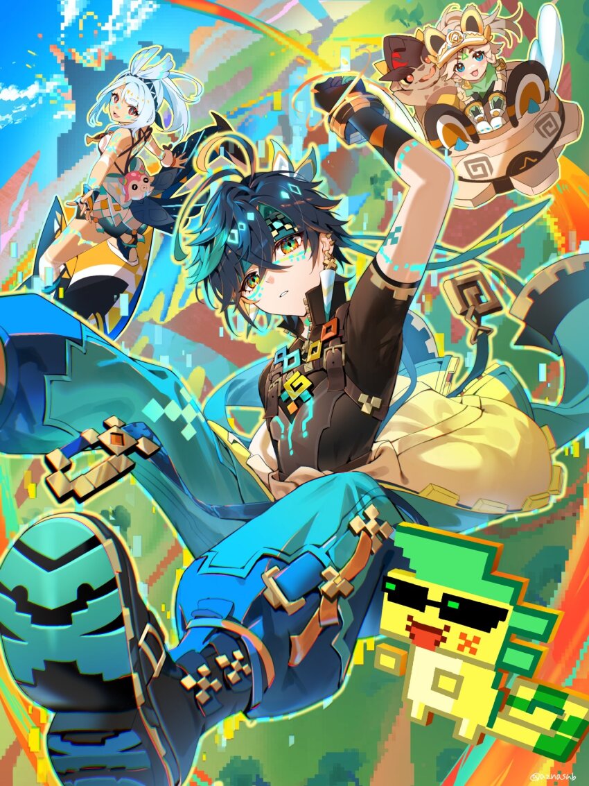 1boy 2girls :d ahoge ajaw_(genshin_impact) azna bandana bandana_around_neck bare_shoulders black_footwear black_gloves black_hair black_shirt blue_eyes blue_pants blush breasts chinchilla_ears commentary_request crop_top day diamond-shaped_pupils diamond_(shape) fingerless_gloves fur-trimmed_mittens fur_trim genshin_impact gloves green_bandana green_eyes green_hair highres kachina_(genshin_impact) kinich_(genshin_impact) little_one_(genshin_impact) looking_at_viewer medium_breasts mittens mualani_(genshin_impact) multicolored_eyes multicolored_hair multiple_girls open_mouth orange_mittens orange_visor outdoors pants red_eyes shirt short_sleeves skirt smile symbol-shaped_pupils two-tone_gloves white_gloves white_mittens white_skirt yellow_eyes